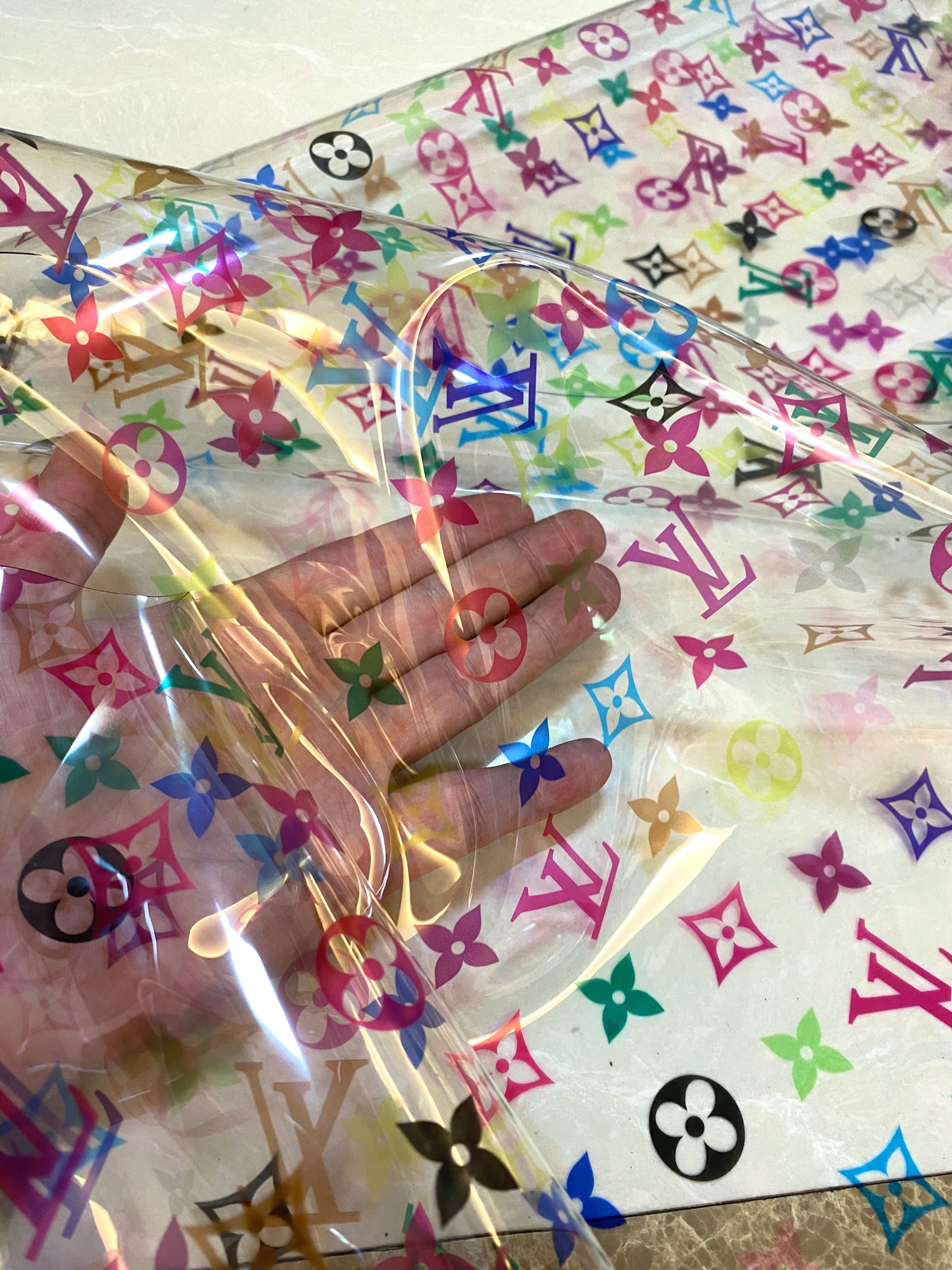 Transparent Rainbow Louis Vuitton PVC Vinyl Fabric for Handmade Custom Sneakers Raincoat