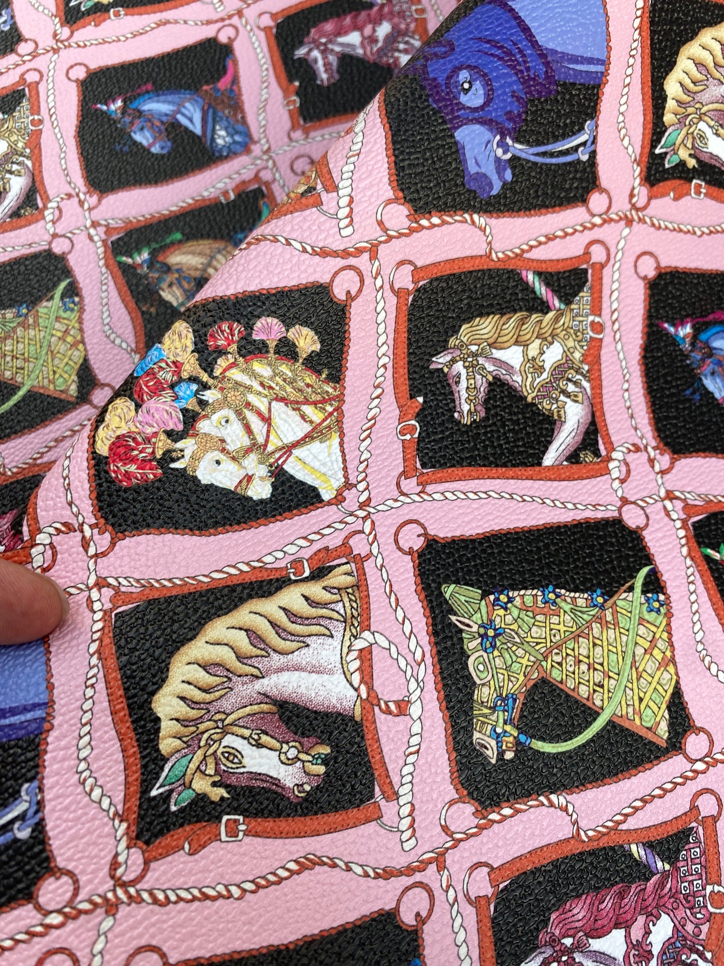 Hermes Horse Designer Scarf Pattern Leather Fabric for Handmade DIY Crafts