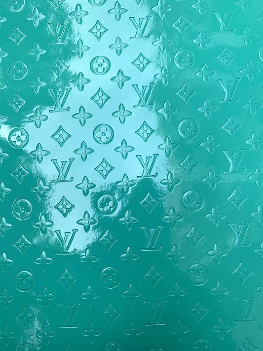 Mirror Reflective Turquoise Embossed LV Designer Fabric for DIY Sneakers Handmade Crafts