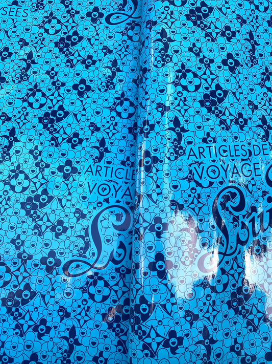 Klares, reflektierendes blaues Louis Vuitton Murakami Takashi-Taschenleder für DIY-Nähprojekt