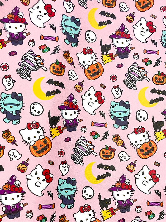 Pink Hello Kitty Halloween Faux Leather Fabric for Handmade Sewing Nail Panel Creation