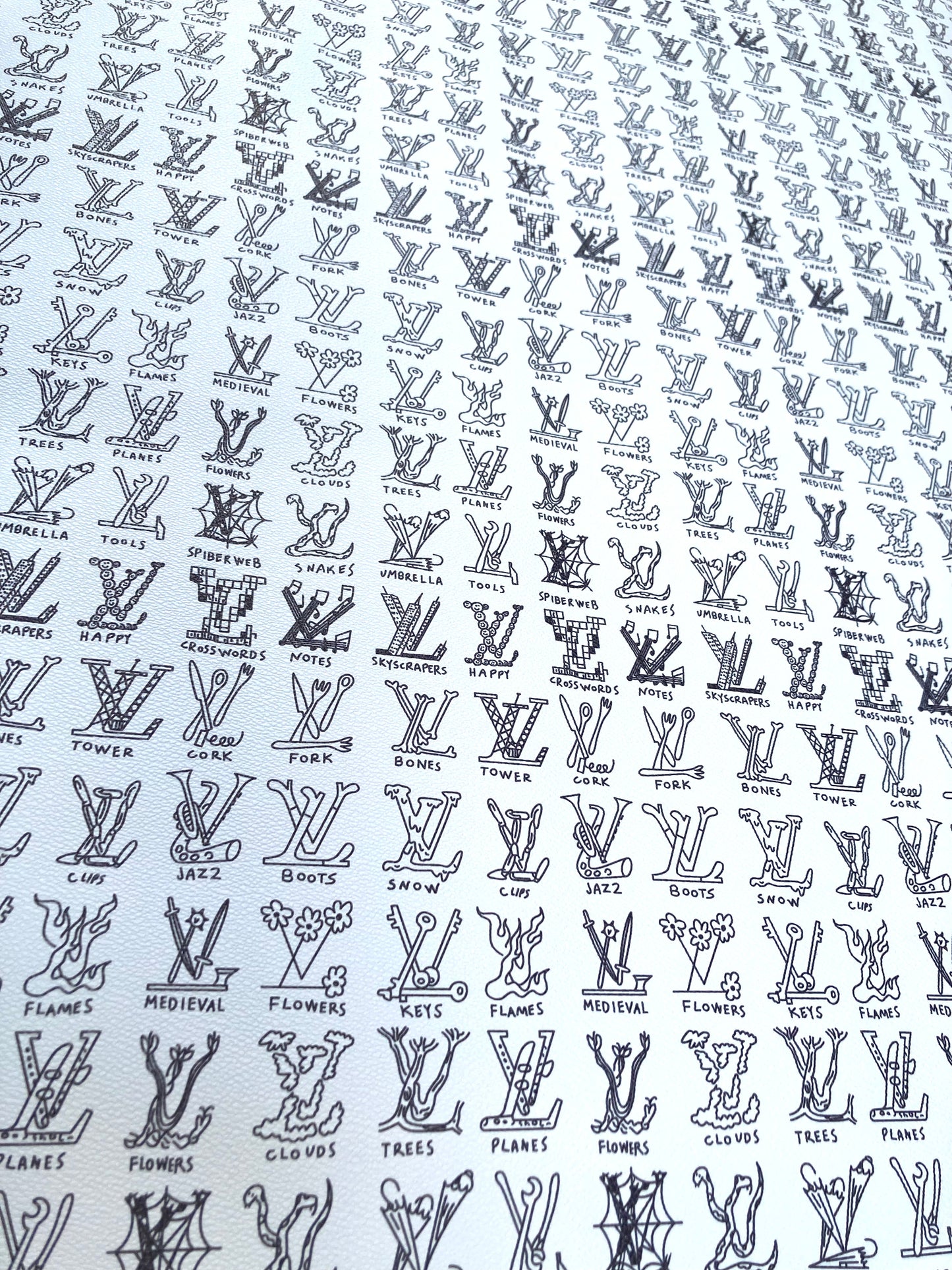 Benutzerdefinierter handbemalter Casual LV Doodle Vinyl-Lederstoff für DIY-Taschenpolster