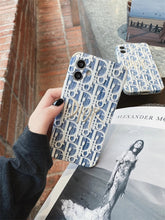 Load image into Gallery viewer, Dior Blue Embroidery with Gold Logo Fabric iPhone Cases.