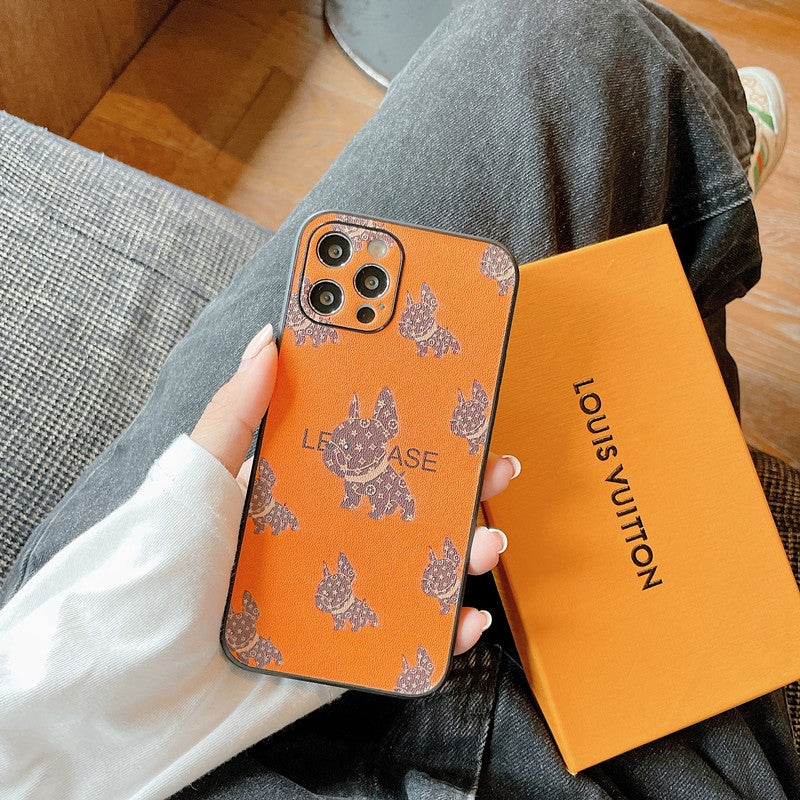 Étuis de téléphone en cuir orange LV avec chien de combat français.