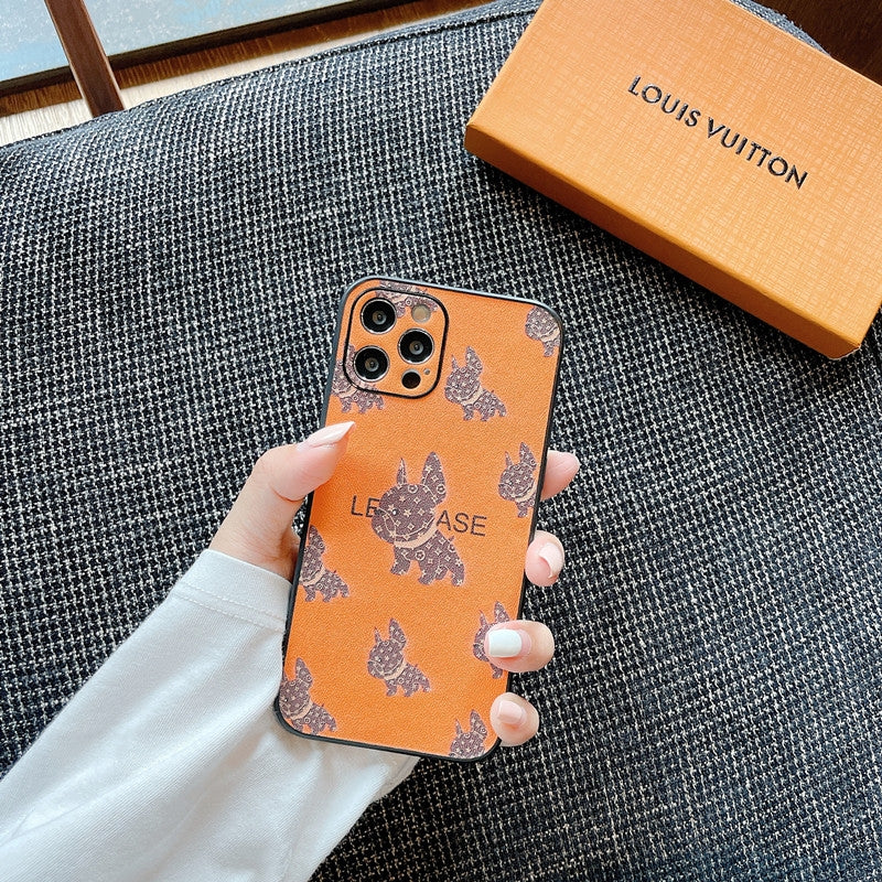 Étuis de téléphone en cuir orange LV avec chien de combat français.