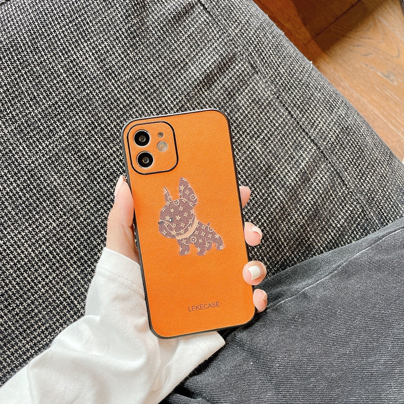 Étuis de téléphone en cuir orange LV avec chien de combat français.