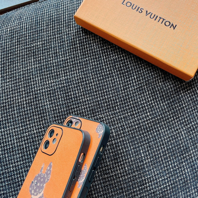 Étuis de téléphone en cuir orange LV avec chien de combat français.