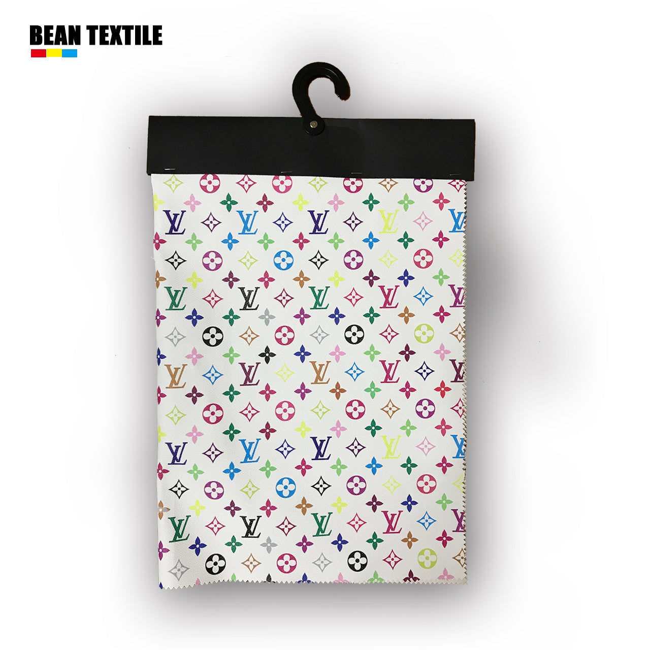 White synthetic leather with multi-color LV monogram print – logofabrics