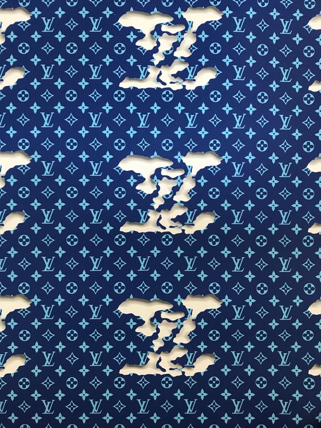 Blue LV Cloud Pattern Faux Leather Fabric for Bag and Shoe Custom