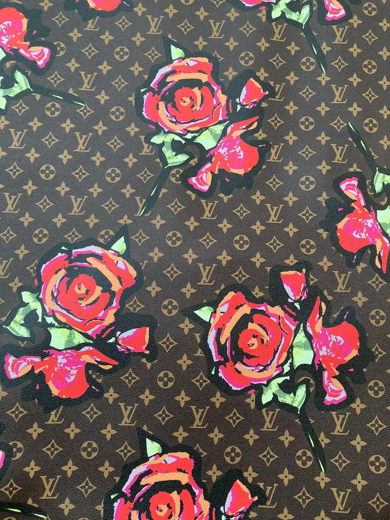 Brown LV Big Flower Faux Leather Fabric Custom Material for Sneaker Car Upholstery