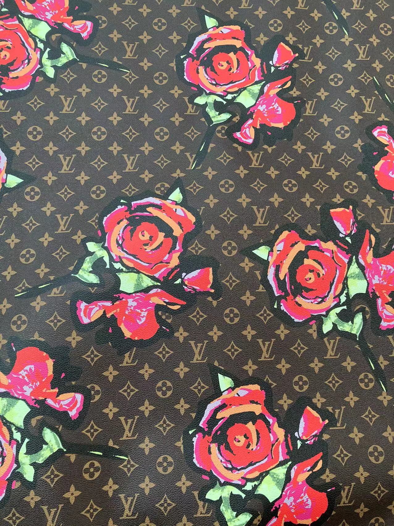 Brown LV Big Flower Faux Leather Fabric Custom Material for Sneaker Car Upholstery