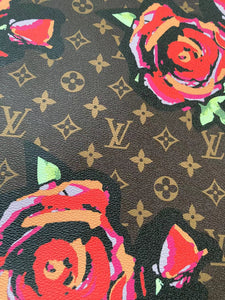 Brown LV Big Flower Faux Leather Fabric Custom Material for Sneaker Car Upholstery