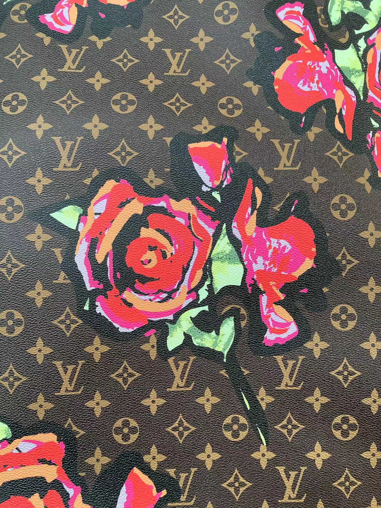 Brown LV Big Flower Faux Leather Fabric Custom Material for Sneaker Car Upholstery