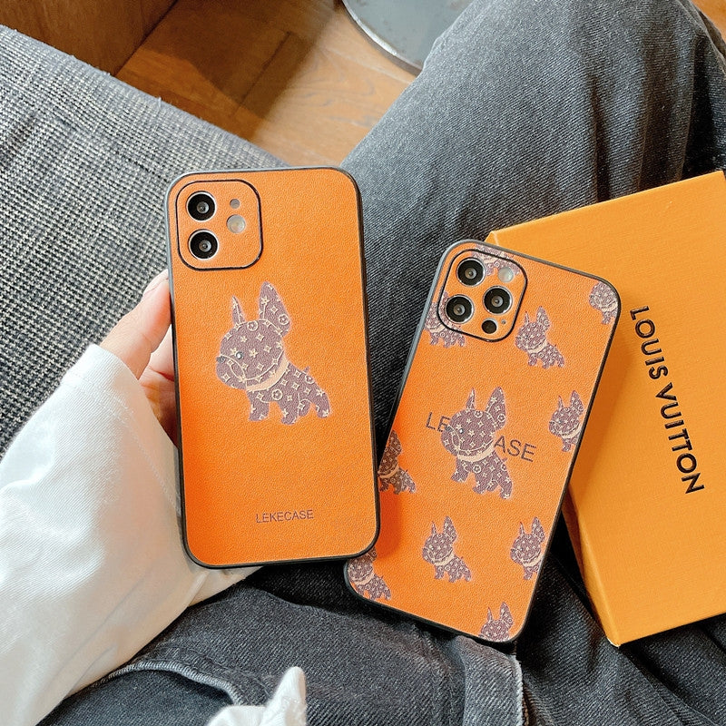 Étuis de téléphone en cuir orange LV avec chien de combat français.