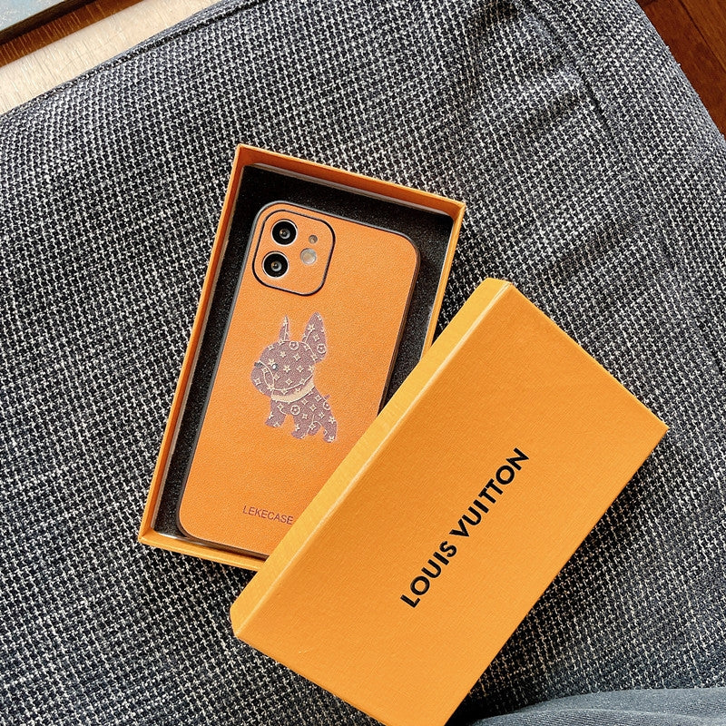 Étuis de téléphone en cuir orange LV avec chien de combat français.