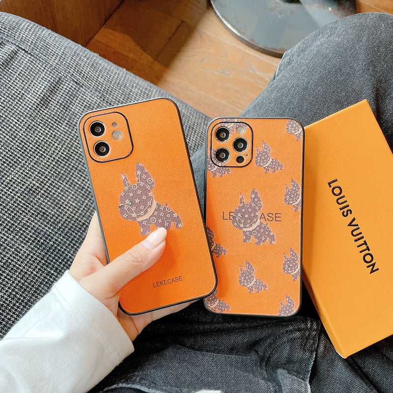 Étuis de téléphone en cuir orange LV avec chien de combat français.