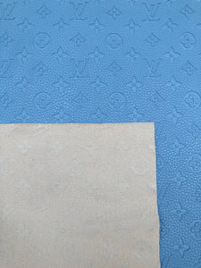 Handmade Baby Blue Embossed LV Leather Fabric for Custom Crafts Upholstery