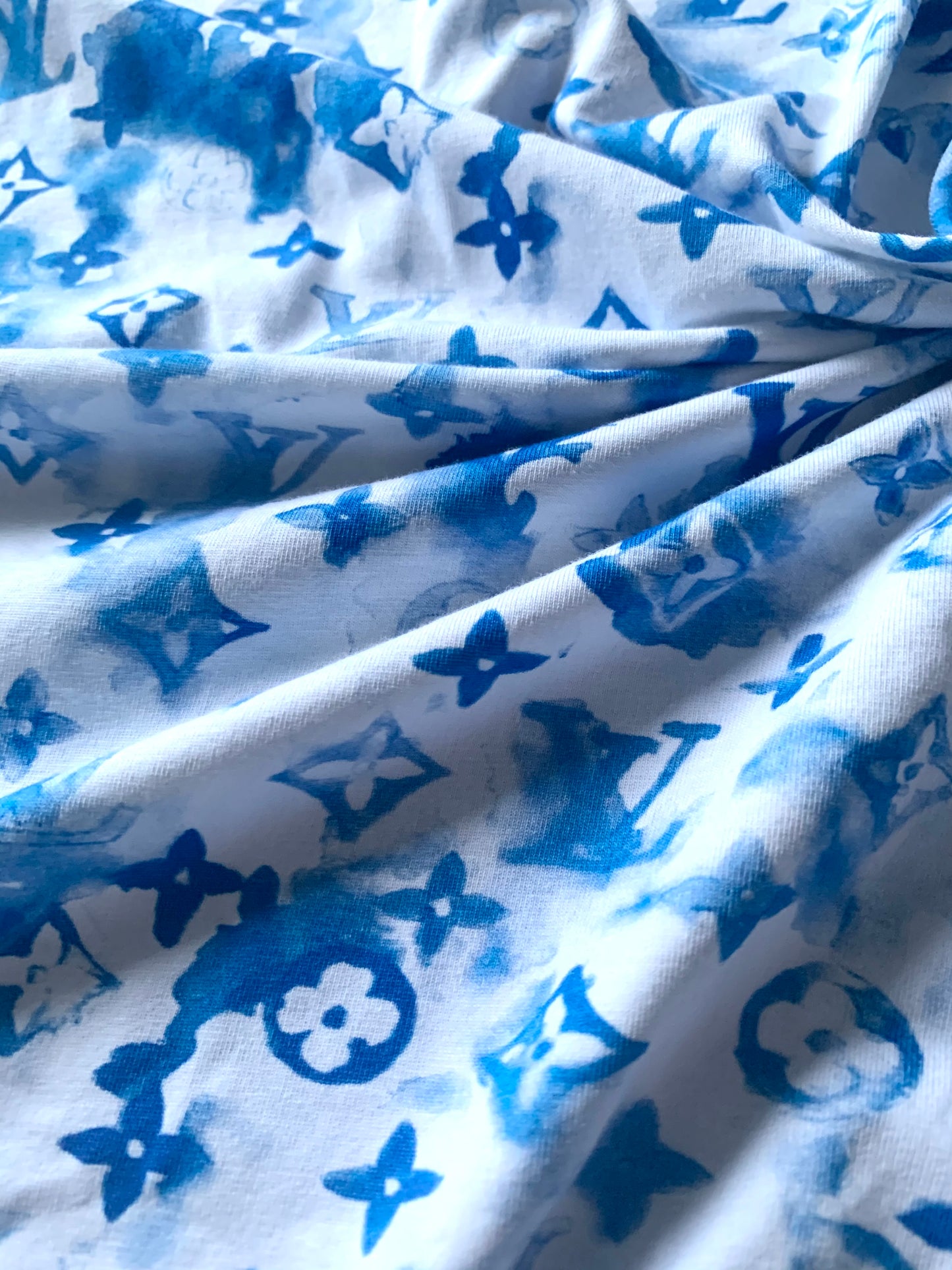 Stretchy Blue Watercolor LV Cotton Fabric for T-Shirt