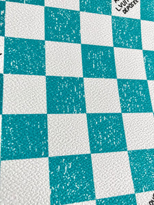 Aqua Green Check Mark Handwriting LV Vinyl Faux Leather Designer Fabric for Bag