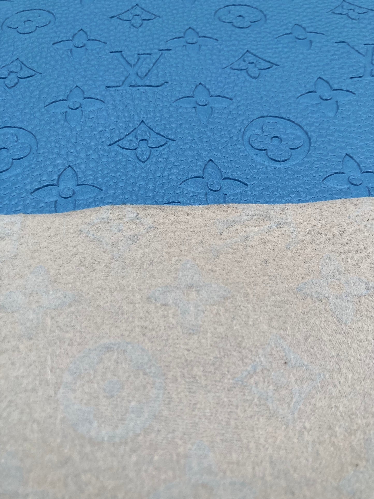 Handmade Baby Blue Embossed LV Leather Fabric for Custom Crafts Upholstery