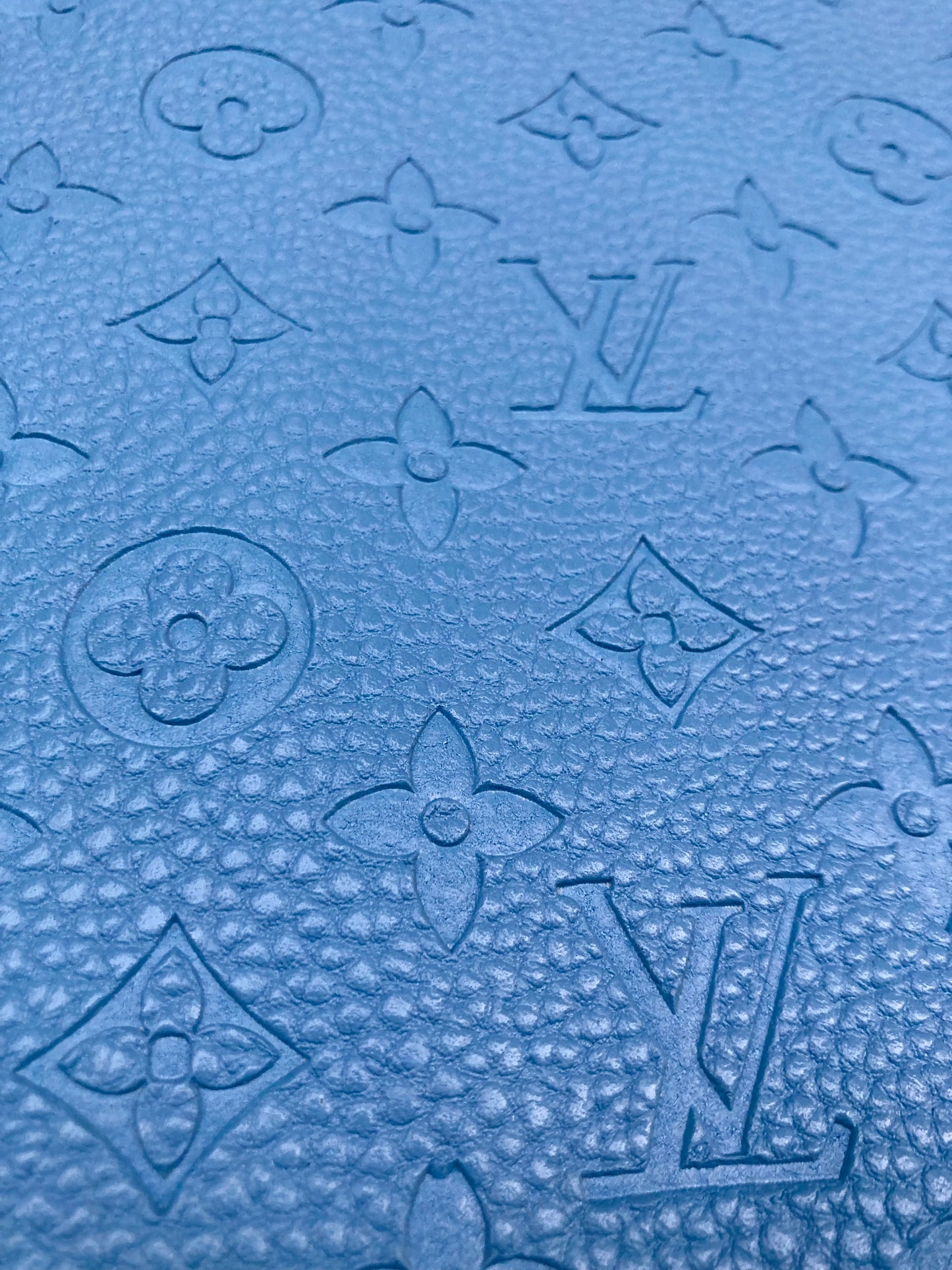 Handmade Baby Blue Embossed LV Leather Fabric for Custom Crafts Upholstery