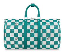 Load image into Gallery viewer, Aqua Green Check Mark Handwriting LV Vinyl Faux Leather Designer Fabric for Bag